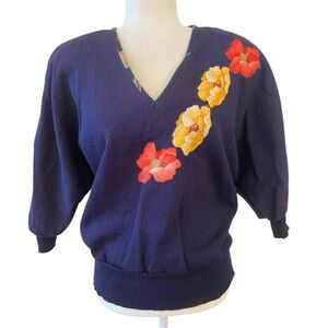 Floral Embroidered Women's Sweater - Navy